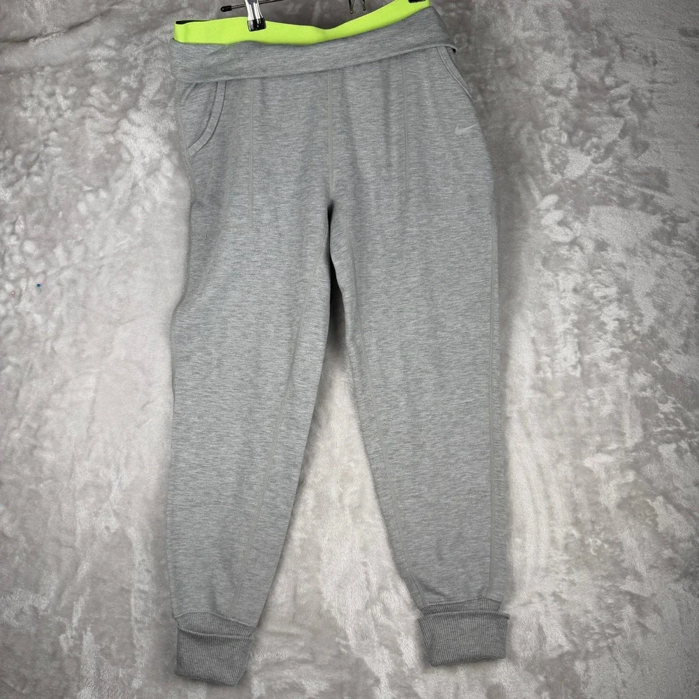 Nike Dri-FIT Joggers Mens Medium Gray Black Neon Fold Over‎ Waistband Sweatpants